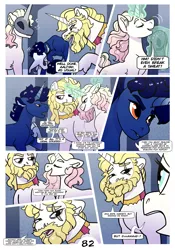 Size: 2100x3000 | Tagged: safe, artist:loryska, derpibooru import, prince blueblood, oc, oc:indigo sky, oc:marshmallow kiss, pegasus, pony, unicorn, comic:friendship grows, beard, facial hair, image, magical lesbian spawn, mask, offspring, older, parent:trixie, parent:twilight sparkle, parents:twixie, png