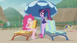 Size: 3410x1920 | Tagged: safe, derpibooru import, screencap, pinkie pie, sci-twi, twilight sparkle, equestria girls, equestria girls series, friendship math, barefoot, beach, clothes, eyes closed, feet, female, geode of sugar bombs, geode of telekinesis, glasses, high res, image, jewelry, jpeg, lounge chair, magical geodes, necklace, one-piece swimsuit, open mouth, ponytail, sandals, smiling, swimsuit