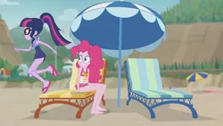 Size: 3410x1920 | Tagged: safe, derpibooru import, screencap, pinkie pie, sci-twi, twilight sparkle, equestria girls, equestria girls series, friendship math, barefoot, beach, clothes, feet, female, geode of sugar bombs, geode of telekinesis, glasses, high res, image, jewelry, jpeg, lounge chair, magical geodes, necklace, one-piece swimsuit, ponytail, sandals, swimsuit