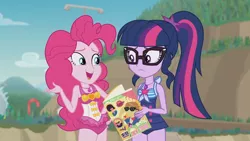 Size: 3410x1920 | Tagged: safe, derpibooru import, screencap, pinkie pie, sci-twi, twilight sparkle, equestria girls, equestria girls series, friendship math, beach, book, clothes, female, geode of sugar bombs, geode of telekinesis, glasses, high res, image, jewelry, jpeg, magazine, magazine cover, magical geodes, necklace, one-piece swimsuit, open mouth, ponytail, swimsuit