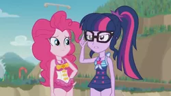 Size: 3410x1920 | Tagged: safe, derpibooru import, screencap, pinkie pie, sci-twi, twilight sparkle, equestria girls, equestria girls series, friendship math, adjusting glasses, bare shoulders, beach, best friends, clothes, female, geode of sugar bombs, geode of telekinesis, glasses, high res, image, jewelry, jpeg, magical geodes, necklace, one-piece swimsuit, ponytail, sleeveless, smiling, swimsuit