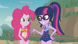 Size: 3410x1920 | Tagged: safe, derpibooru import, screencap, pinkie pie, sci-twi, twilight sparkle, equestria girls, equestria girls series, friendship math, beach, clothes, female, geode of sugar bombs, geode of telekinesis, glasses, grin, high res, image, jewelry, jpeg, magical geodes, necklace, one-piece swimsuit, ponytail, smiling, swimsuit