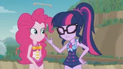 Size: 3410x1920 | Tagged: safe, derpibooru import, screencap, pinkie pie, sci-twi, twilight sparkle, equestria girls, equestria girls series, friendship math, beach, clothes, eyes closed, female, geode of sugar bombs, geode of telekinesis, glasses, high res, image, jewelry, jpeg, lip bite, magical geodes, necklace, one-piece swimsuit, ponytail, smiling, swimsuit