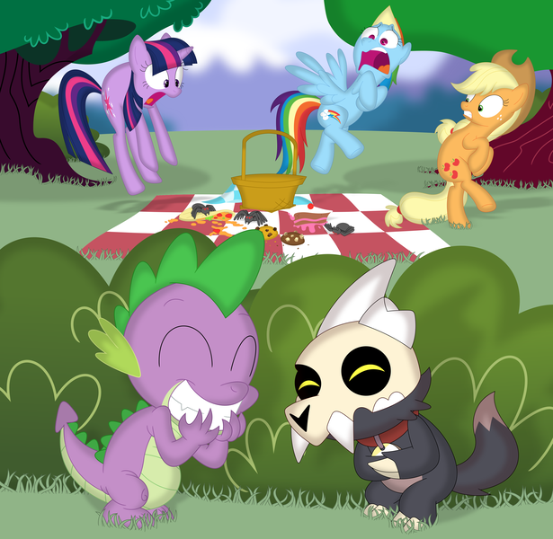 Size: 3549x3461 | Tagged: safe, artist:porygon2z, derpibooru import, applejack, rainbow dash, spike, twilight sparkle, demon, dragon, earth pony, pegasus, pony, spider, unicorn, crossover, eyes closed, grin, image, king (the owl house), open mouth, picnic, png, prank, scared, smiling, snickering, the owl house, unicorn twilight