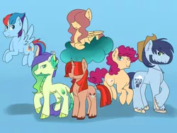 Size: 1024x768 | Tagged: safe, artist:marimey, derpibooru import, oc, oc:blue apple berry, oc:clouds flower, oc:esmerald fire, oc:overjoyed, oc:rainbow blaze jr, unofficial characters only, dracony, earth pony, hybrid, pegasus, pony, unicorn, beard, cloud, cowgirl position, facial hair, female, hair over eyes, image, interspecies offspring, jpeg, male, mare, next generation, offspring, on a cloud, parent:applejack, parent:cheese sandwich, parent:dumbbell, parent:pinkie pie, parent:rainbow dash, parent:rarity, parent:soarin', parent:spike, parents:cheesepie, parents:dumbdash, parents:hoopshy, parents:soarinjack, parents:sparity, sitting, sitting on cloud, stallion