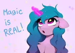 Size: 2196x1554 | Tagged: safe, artist:vensual99, derpibooru import, izzy moonbow, pony, unicorn, :o, bust, chest fluff, dialogue, female, floppy ears, g5, glow, glowing horn, horn, image, jpeg, mare, open mouth, portrait, solo, starry eyes, wingding eyes