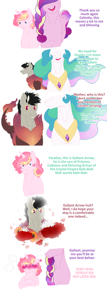 Size: 1296x3648 | Tagged: safe, artist:dr4m4-qu33n, derpibooru import, princess cadance, princess celestia, oc, oc:cupid, oc:parallax, alicorn, draconequus, hybrid, pony, bust, comic, dialogue, draconequus oc, female, gay, image, interspecies offspring, male, mare, oc x oc, offspring, parent:discord, parent:princess cadance, parent:princess celestia, parent:shining armor, parents:dislestia, parents:shiningcadance, peytral, png, shipping, simple background, white background