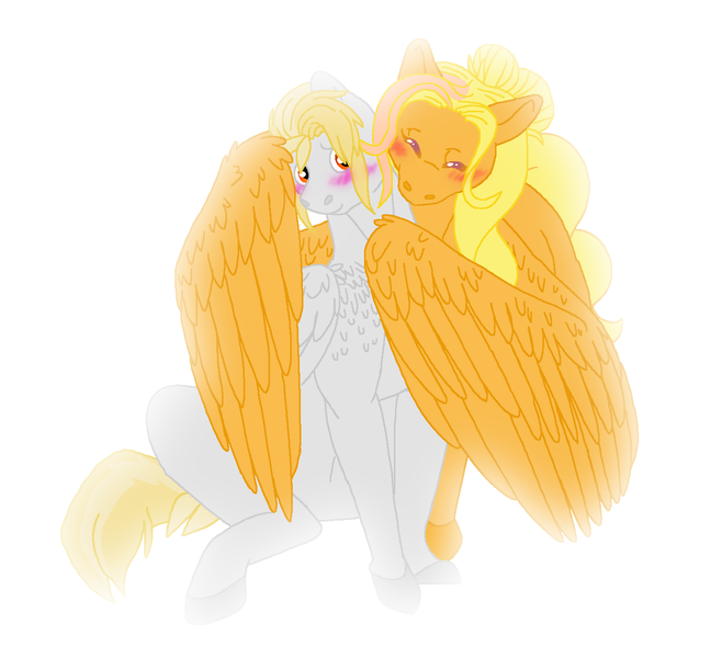 Size: 1364x1244 | Tagged: safe, artist:dr4m4-qu33n, derpibooru import, oc, oc:morning glory, oc:quicksilver, unofficial characters only, pegasus, pony, blushing, chest fluff, eyes closed, female, hug, hug from behind, image, lesbian, mare, oc x oc, offspring, parent:lightning dust, parent:thunderlane, parents:thunderdust, pegasus oc, png, shipping, simple background, smiling, white background, winghug, wings