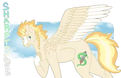 Size: 1316x844 | Tagged: safe, artist:dr4m4-qu33n, derpibooru import, oc, unofficial characters only, pegasus, pony, snake, braid, colored wings, female, hoof on chest, image, mare, offspring, parent:silver shill, parent:spitfire, pegasus oc, png, simple background, solo, story included, sword, transparent background, two toned wings, weapon, wings
