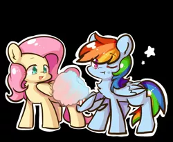 Size: 2119x1750 | Tagged: safe, artist:yilo995780779, derpibooru import, fluttershy, rainbow dash, pegasus, pony, :t, black background, chest fluff, cotton candy, duo, duo female, eye clipping through hair, eyebrows, eyebrows visible through hair, female, folded wings, food, image, jpeg, mare, multicolored hair, one eye closed, open mouth, open smile, outline, pink mane, rainbow hair, simple background, smiling, standing, stars, white outline, wing hands, wings