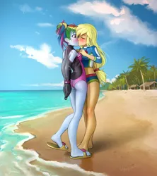 Size: 1600x1800 | Tagged: suggestive, alternate version, artist:vyazinrei, derpibooru import, applejack, rainbow dash, equestria girls, alternate hairstyle, appledash, arm behind back, armbinder, barefoot, beach, bikini, blushing, bondage, clothes, duo, duo female, eyes closed, feet, female, hair bun, hatless, heel pop, image, jpeg, kissing, lesbian, missing accessory, ocean, palm tree, sand, sandals, shipping, swimsuit, tree