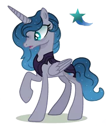 Size: 976x1164 | Tagged: safe, artist:venomous-cookietwt, derpibooru import, oc, oc:star gazer, unofficial characters only, alicorn, pony, alicorn oc, ethereal mane, eyelashes, eyeshadow, female, folded wings, full body, gradient mane, gradient tail, horn, image, makeup, mare, open mouth, parents:styuna, png, raised hoof, shadow, simple background, solo, standing, starry mane, tail, teal eyes, transparent background, wings