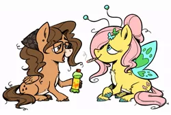 Size: 893x602 | Tagged: safe, artist:mellodillo, derpibooru import, fluttershy, oc, flutter pony, pegasus, pony, bandana, bottle, crossed hooves, drink, drugs, duo, female, glasses, hoof hold, image, jpeg, lying down, mare, marijuana, prone, simple background, smoking, soda, species swap, unshorn fetlocks, white background