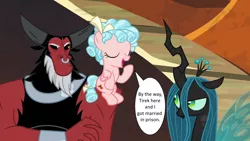 Size: 1280x720 | Tagged: safe, derpibooru import, edit, edited screencap, screencap, cozy glow, lord tirek, queen chrysalis, centaur, changeling, changeling queen, pegasus, pony, the beginning of the end, cozirek, dialogue, eyes closed, female, filly, folded wings, freckles, horn, horns, image, implied marriage, male, married, nose piercing, nose ring, open mouth, piercing, png, shipping, sitting, speech bubble, straight, wings