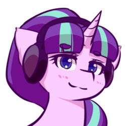 Size: 512x512 | Tagged: safe, alternate version, artist:ninebuttom, derpibooru import, starlight glimmer, pony, unicorn, animated, beanbrows, blushing, bust, eyebrows, eyebrows visible through hair, female, gif, headbang, headphones, horn, image, loop, mare, outline, portrait, s5 starlight, simple background, smiling, solo, transparent background, white outline