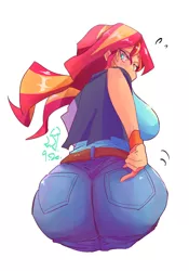 Size: 1400x2000 | Tagged: suggestive, artist:sozglitch, derpibooru import, sunset shimmer, human, equestria girls, big breasts, breasts, bunset shimmer, busty sunset shimmer, butt, clothes, female, huge breasts, image, jeans, jpeg, large butt, looking back, pants, sideboob, simple background, solo, solo female, white background, wide hips