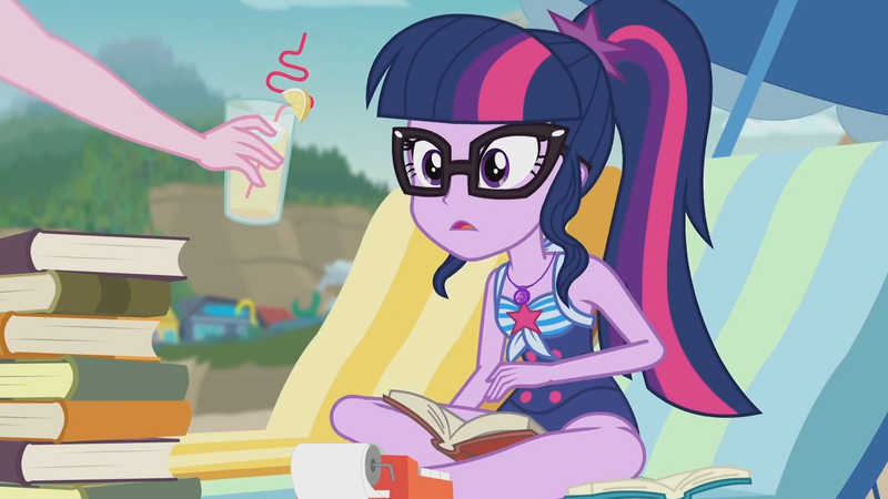 Size: 3410x1920 | Tagged: safe, derpibooru import, screencap, pinkie pie, sci-twi, twilight sparkle, equestria girls, equestria girls series, friendship math, beach, clothes, female, food, geode of telekinesis, glasses, high res, image, jewelry, jpeg, juice, lemonade, lounge chair, magical geodes, necklace, offscreen character, one-piece swimsuit, open mouth, ponytail, solo focus, swimsuit