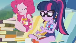 Size: 3410x1920 | Tagged: safe, derpibooru import, screencap, pinkie pie, sci-twi, twilight sparkle, equestria girls, equestria girls series, friendship math, beach, clothes, drinking, eyes closed, female, geode of sugar bombs, geode of telekinesis, glasses, high res, image, jewelry, jpeg, juice, lemonade, lounge chair, magical geodes, necklace, one-piece swimsuit, ponytail, swimsuit