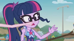 Size: 3410x1920 | Tagged: safe, derpibooru import, screencap, pinkie pie, sci-twi, twilight sparkle, equestria girls, equestria girls series, friendship math, beach, clothes, female, geode of telekinesis, glasses, high res, image, jewelry, jpeg, magical geodes, necklace, offscreen character, one-piece swimsuit, open mouth, ponytail, solo focus, swimsuit