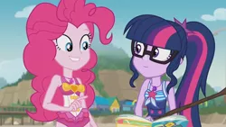 Size: 3410x1920 | Tagged: safe, derpibooru import, screencap, pinkie pie, sci-twi, twilight sparkle, equestria girls, equestria girls series, friendship math, beach, book, clothes, female, geode of sugar bombs, geode of telekinesis, glasses, grin, high res, image, jewelry, jpeg, magical geodes, necklace, one-piece swimsuit, ponytail, smiling, swimsuit