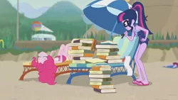 Size: 3410x1920 | Tagged: safe, derpibooru import, screencap, pinkie pie, sci-twi, twilight sparkle, equestria girls, equestria girls series, friendship math, beach, book, clothes, eyes closed, female, geode of telekinesis, glasses, high res, image, jewelry, jpeg, lounge chair, magical geodes, necklace, one-piece swimsuit, ponytail, swimsuit