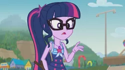 Size: 3410x1920 | Tagged: safe, derpibooru import, screencap, sci-twi, twilight sparkle, equestria girls, equestria girls series, friendship math, beach, clothes, female, geode of telekinesis, glasses, high res, image, jewelry, jpeg, magical geodes, necklace, one-piece swimsuit, open mouth, ponytail, solo, swimsuit