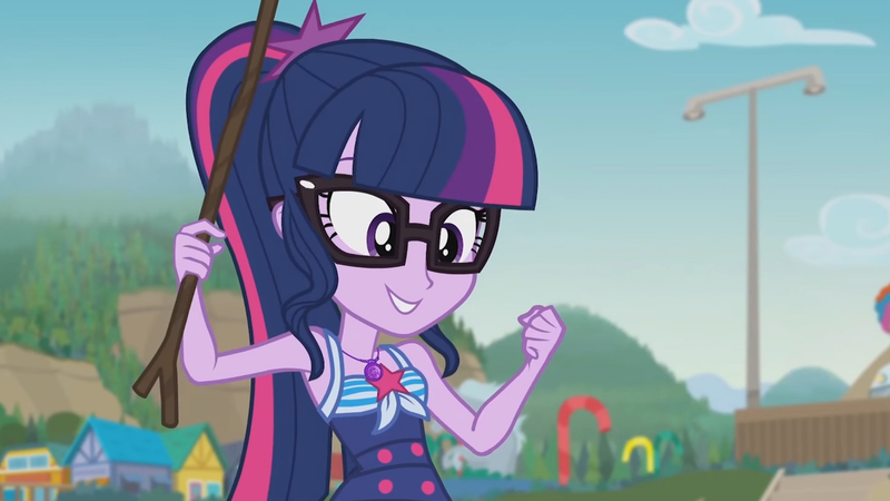 Size: 3410x1920 | Tagged: safe, derpibooru import, screencap, sci-twi, twilight sparkle, equestria girls, equestria girls series, friendship math, beach, clothes, female, geode of telekinesis, glasses, high res, image, jewelry, jpeg, magical geodes, necklace, one-piece swimsuit, ponytail, smiling, solo, swimsuit