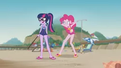 Size: 3410x1920 | Tagged: safe, derpibooru import, screencap, pinkie pie, sci-twi, twilight sparkle, equestria girls, equestria girls series, friendship math, beach, clothes, female, geode of sugar bombs, geode of telekinesis, glasses, high res, image, jewelry, jpeg, lounge chair, magical geodes, necklace, one-piece swimsuit, open mouth, ponytail, sandals, swimsuit