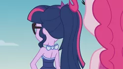 Size: 3410x1920 | Tagged: safe, derpibooru import, screencap, pinkie pie, sci-twi, twilight sparkle, equestria girls, equestria girls series, friendship math, bare shoulders, beach, clothes, female, glasses, high res, image, jewelry, jpeg, one-piece swimsuit, ponytail, sleeveless, swimsuit