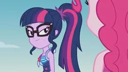 Size: 3410x1920 | Tagged: safe, derpibooru import, screencap, pinkie pie, sci-twi, twilight sparkle, equestria girls, equestria girls series, friendship math, beach, clothes, female, geode of telekinesis, glasses, high res, image, jewelry, jpeg, magical geodes, necklace, one-piece swimsuit, ponytail, smiling, swimsuit
