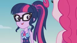 Size: 3410x1920 | Tagged: safe, derpibooru import, screencap, pinkie pie, sci-twi, twilight sparkle, equestria girls, equestria girls series, friendship math, beach, clothes, cute, female, geode of telekinesis, glasses, high res, image, jewelry, jpeg, magical geodes, necklace, one-piece swimsuit, open mouth, ponytail, swimsuit, twiabetes