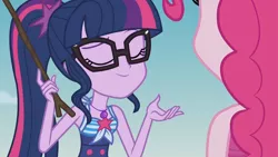 Size: 3410x1920 | Tagged: safe, derpibooru import, screencap, pinkie pie, sci-twi, twilight sparkle, equestria girls, equestria girls series, friendship math, beach, clothes, eyes closed, female, geode of telekinesis, glasses, high res, image, jewelry, jpeg, magical geodes, necklace, one-piece swimsuit, ponytail, smiling, swimsuit