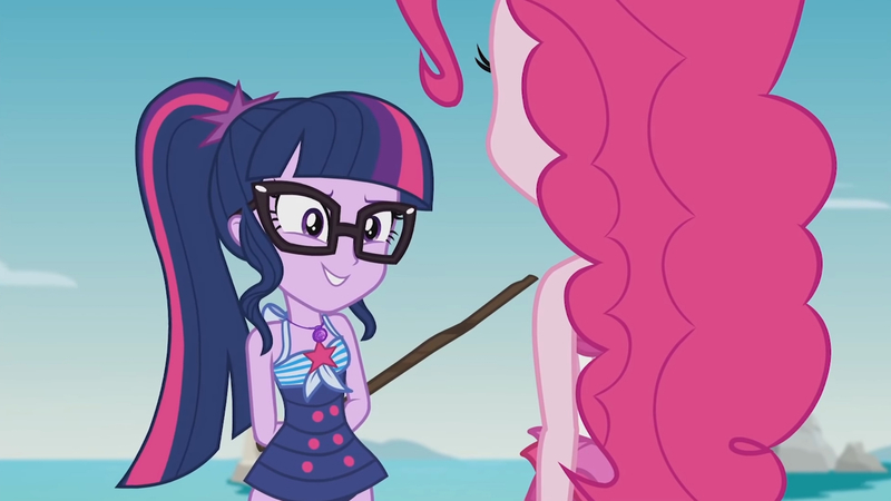 Size: 3410x1920 | Tagged: safe, derpibooru import, screencap, pinkie pie, sci-twi, twilight sparkle, equestria girls, equestria girls series, friendship math, beach, clothes, female, geode of telekinesis, glasses, high res, image, jewelry, jpeg, magical geodes, necklace, one-piece swimsuit, ponytail, smiling, swimsuit