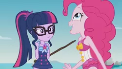 Size: 3410x1920 | Tagged: safe, derpibooru import, screencap, pinkie pie, sci-twi, twilight sparkle, equestria girls, equestria girls series, friendship math, beach, clothes, female, geode of sugar bombs, geode of telekinesis, glasses, high res, image, jewelry, jpeg, magical geodes, necklace, one-piece swimsuit, open mouth, ponytail, smiling, swimsuit