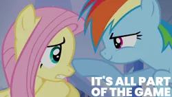 Size: 1920x1080 | Tagged: safe, derpibooru import, edit, edited screencap, editor:quoterific, screencap, fluttershy, rainbow dash, pegasus, pony, games ponies play, season 3, eye contact, female, flying, image, looking at each other, mare, png, smiling