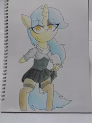 Size: 1548x2064 | Tagged: safe, artist:cherro, derpibooru import, oc, oc:viewing pleasure, unofficial characters only, pony, unicorn, bipedal, clothes, eyeshadow, female, goth, image, jpeg, makeup, scarf, shirt, skirt, skirt lift, solo, traditional art