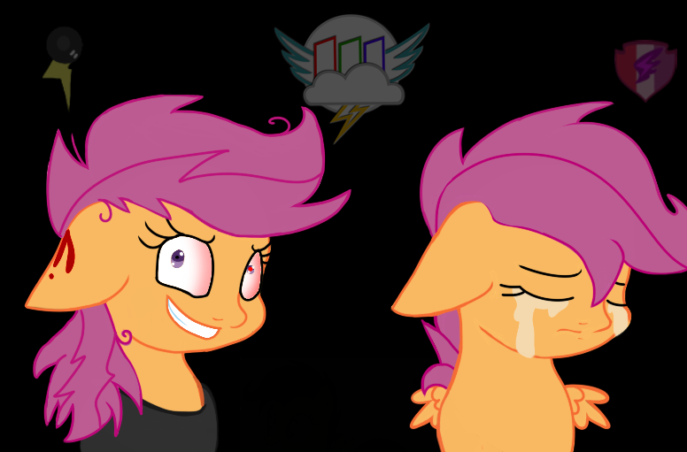 Size: 776x511 | Tagged: semi-grimdark, alternate version, artist:taeko, derpibooru import, scootaloo, pegasus, pony, fanfic:pegasus device, fanfic:rainbow factory, absentia, absentia's cutie mark, alternate ending, alternate hairstyle, alternate universe, big ears, black background, black hoodie, black suit, blood, blood on ear, bloodshot eye, crying, cutie mark, evil, evil grin, evil scootaloo, eviloo, factory absentia, factory scootaloo, fanart, fanfic art, female, females only, good vs evil, grin, gritted teeth, image, leaning forward, long neck, mare, mares only, messy mane, my little pony, older, older scootaloo, orange body, pegasus device, png, purple eyes, purple mane, rainbow factory au, rainbow factory logo, rainbow factory scootaloo, rainbow factory worker, rainbow factory worker scootaloo, red pupil, sad, scootaloo's cutie mark, scootasad, simple background, small wings, smiling, solo, solo female, solo focus, spikey mane, thunderbolt, transparent cutie marks, two sides, wall of tags, what if, wings