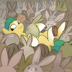 Size: 2048x2048 | Tagged: safe, artist:pfeffaroo, derpibooru import, hitch trailblazer, earth pony, pony, rabbit, animal, g5, image, jpeg, lying down, on back, smiling