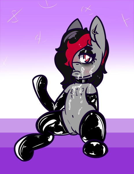 Size: 773x1000 | Tagged: questionable, alternate version, artist:lazerblues, derpibooru import, oc, oc:miss eri, earth pony, semi-anthro, blushing, clothes, collar, cum, ear piercing, image, latex, latex socks, piercing, png, socks, solo