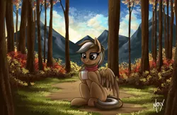Size: 5100x3300 | Tagged: safe, artist:supermoix, derpibooru import, oc, unofficial characters only, pegasus, pony, autumn, background, beautiful, clothes, coffee, commission, cute, dawn, forest, grass, image, lidded eyes, mountain, mug, png, scarf, scenery, sitting, smiling, solo, tree