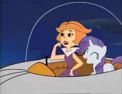 Size: 1053x810 | Tagged: safe, artist:guihercharly, derpibooru import, rarity, crossover, driving, flying car, glass dome, image, jane jetson, laughing, png, space, space car, the jetsons