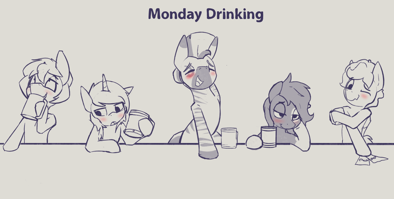 Size: 1653x835 | Tagged: safe, artist:triplesevens, derpibooru import, part of a set, oc, oc:cornetto, oc:kona, oc:longfolia, oc:short fuse, oc:triple sevens, unofficial characters only, alcohol, beer, blushing, drinking, drunk, image, male, png, simple background, text