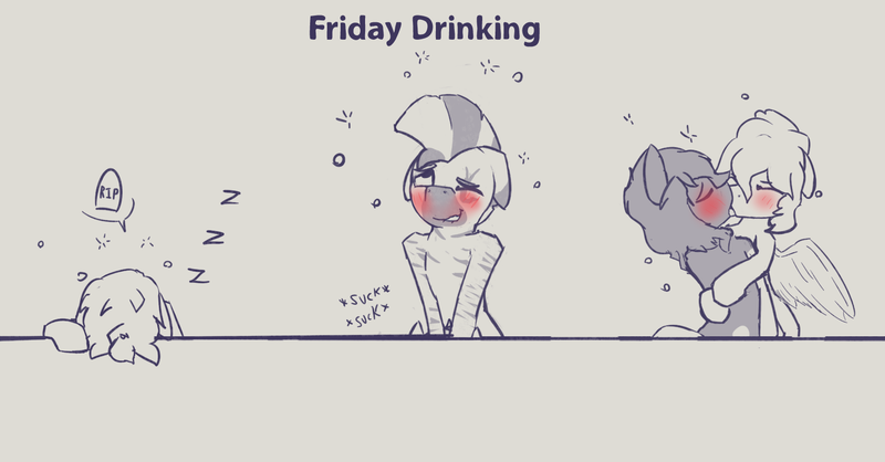 Size: 1653x864 | Tagged: questionable, artist:triplesevens, derpibooru import, part of a set, oc, oc:cornetto, oc:kona, oc:longfolia, oc:short fuse, oc:triple sevens, alcohol, beer, blushing, drinking, drunk, gay, image, implied sex, kissing, male, png, simple background, sleeping, text