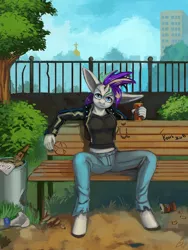 Size: 900x1200 | Tagged: safe, artist:lexx2dot0, derpibooru import, rarity, anthro, unguligrade anthro, unicorn, alternate hairstyle, bench, big ears, can, clothes, cyrillic, female, image, jacket, jeans, jpeg, leather jacket, pants, punk, raripunk, russian, solo, spread legs, spreading