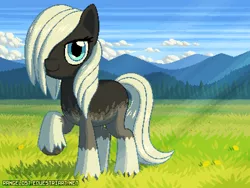 Size: 800x600 | Tagged: safe, artist:rangelost, derpibooru import, oc, unofficial characters only, earth pony, pony, female, grass, grass field, hair over one eye, image, looking at you, mountain, pixel art, png, scenery, solo