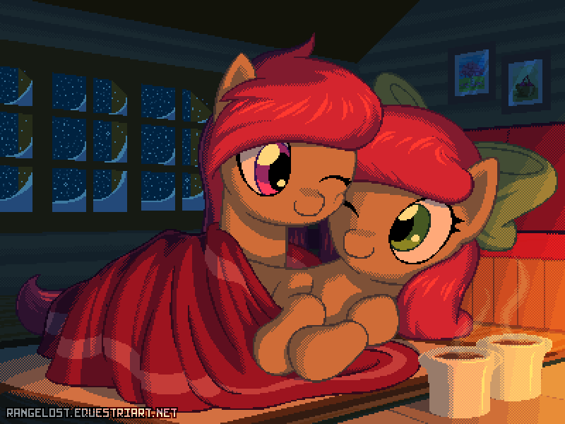 Size: 800x600 | Tagged: safe, artist:rangelost, derpibooru import, oc, oc:cherry sweetheart, oc:stella cherry, unofficial characters only, earth pony, pony, blanket, chocolate, duo, food, hot chocolate, image, lying down, png, snow, snowfall, snuggling