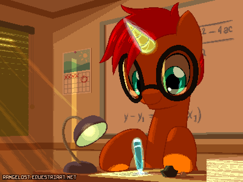 Size: 800x600 | Tagged: safe, artist:rangelost, derpibooru import, oc, oc:pilicious, unofficial characters only, pony, unicorn, calendar, equation, glasses, glow, glowing horn, horn, image, lamp, magic, paper, pen, pixelated, png, smiling, solo, teal eyes, telekinesis, unicorn oc, whiteboard, writing