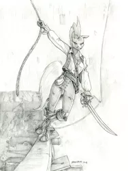 Size: 1000x1330 | Tagged: safe, artist:baron engel, derpibooru import, tempest shadow, anthro, pony, unguligrade anthro, unicorn, broken horn, female, horn, image, jpeg, mare, monochrome, pencil drawing, pirate, solo, sword, traditional art, weapon