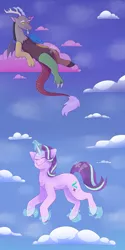 Size: 1890x3780 | Tagged: safe, artist:bl0ssombunny, derpibooru import, discord, starlight glimmer, draconequus, pony, unicorn, cloud, cotton candy, cotton candy cloud, cutie mark, duo, eyes closed, female, floating, food, horn, image, jpeg, levitation, looking down, lying down, magic, male, mare, on a cloud, self-levitation, sky, smiling, telekinesis