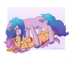 Size: 4961x3957 | Tagged: safe, artist:demonnox98, derpibooru import, izzy moonbow, sunny starscout, pony, unicorn, bedroom eyes, boop, bracelet, cute, female, g5, image, izzybetes, izzyscout, jewelry, jpeg, lesbian, looking at each other, lying down, noseboop, on back, shipping, sunnybetes, unshorn fetlocks